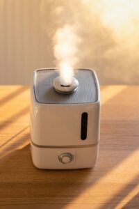 Air humidifier on the table at home during heating period in winter season